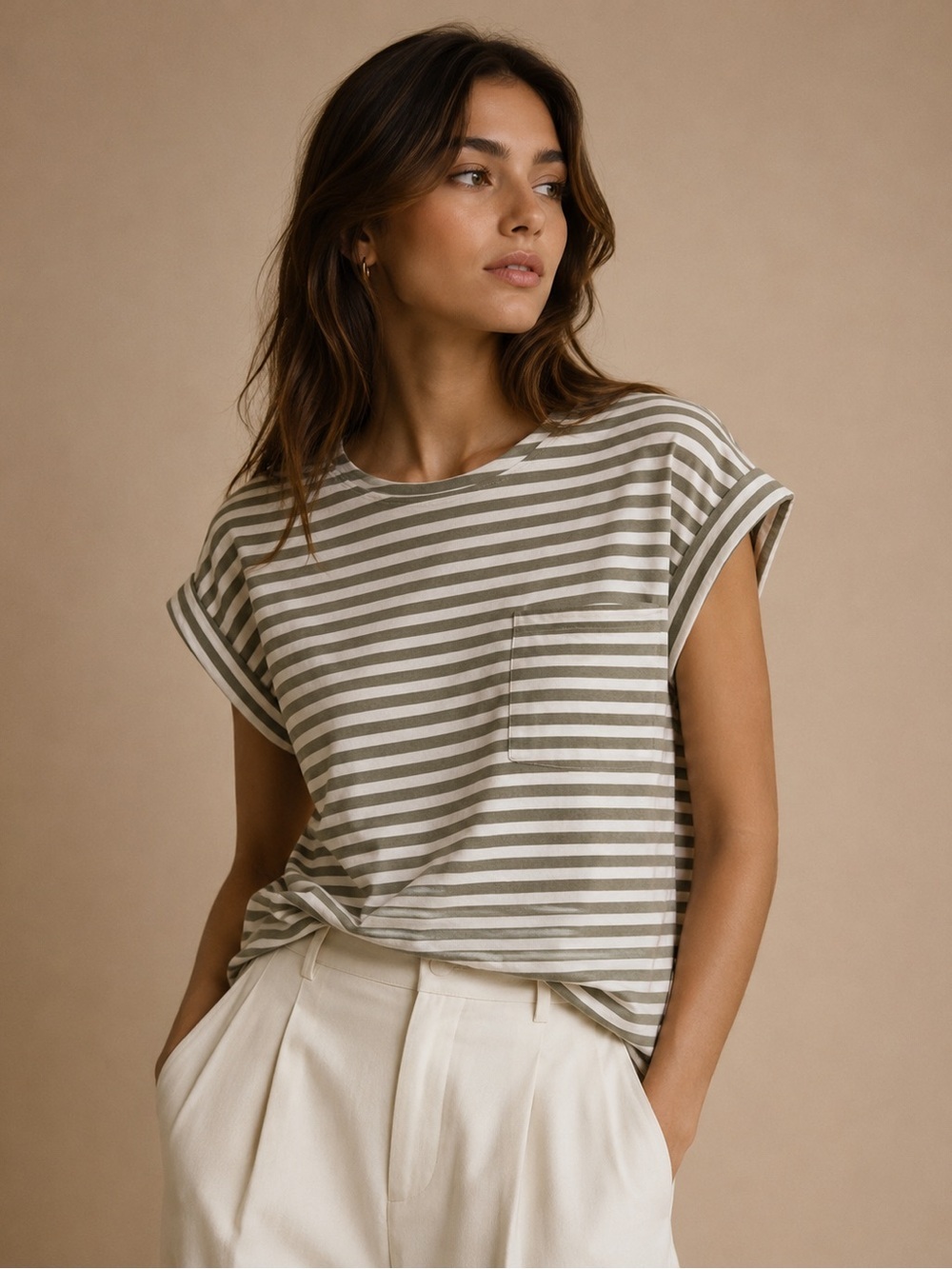 Staccato Olive Green Striped Pocket Tee Size Large Casual Minimal Top